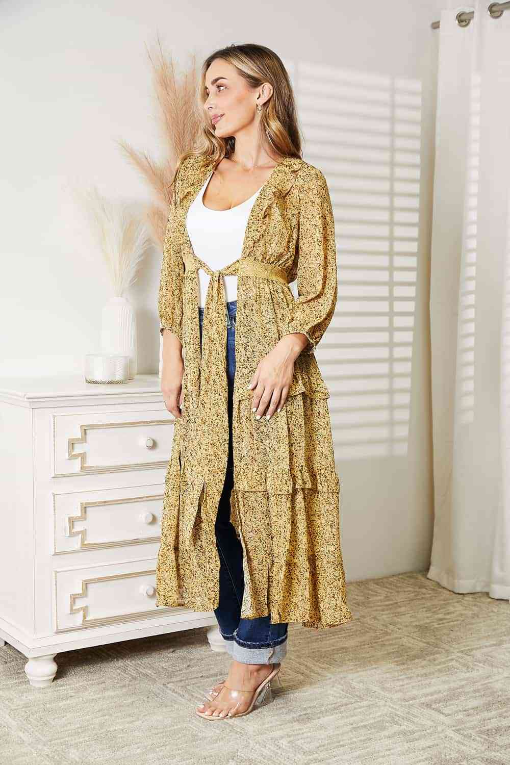 HEYSON Full Size Tie Front Ruffled Duster Cardigan