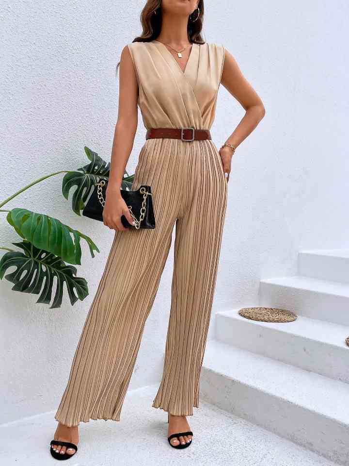 Pleated Sleeveless Straight Leg Jumpsuit