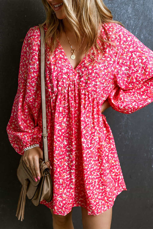 V-Neck Floral Print Long Sleeve Mini Dress