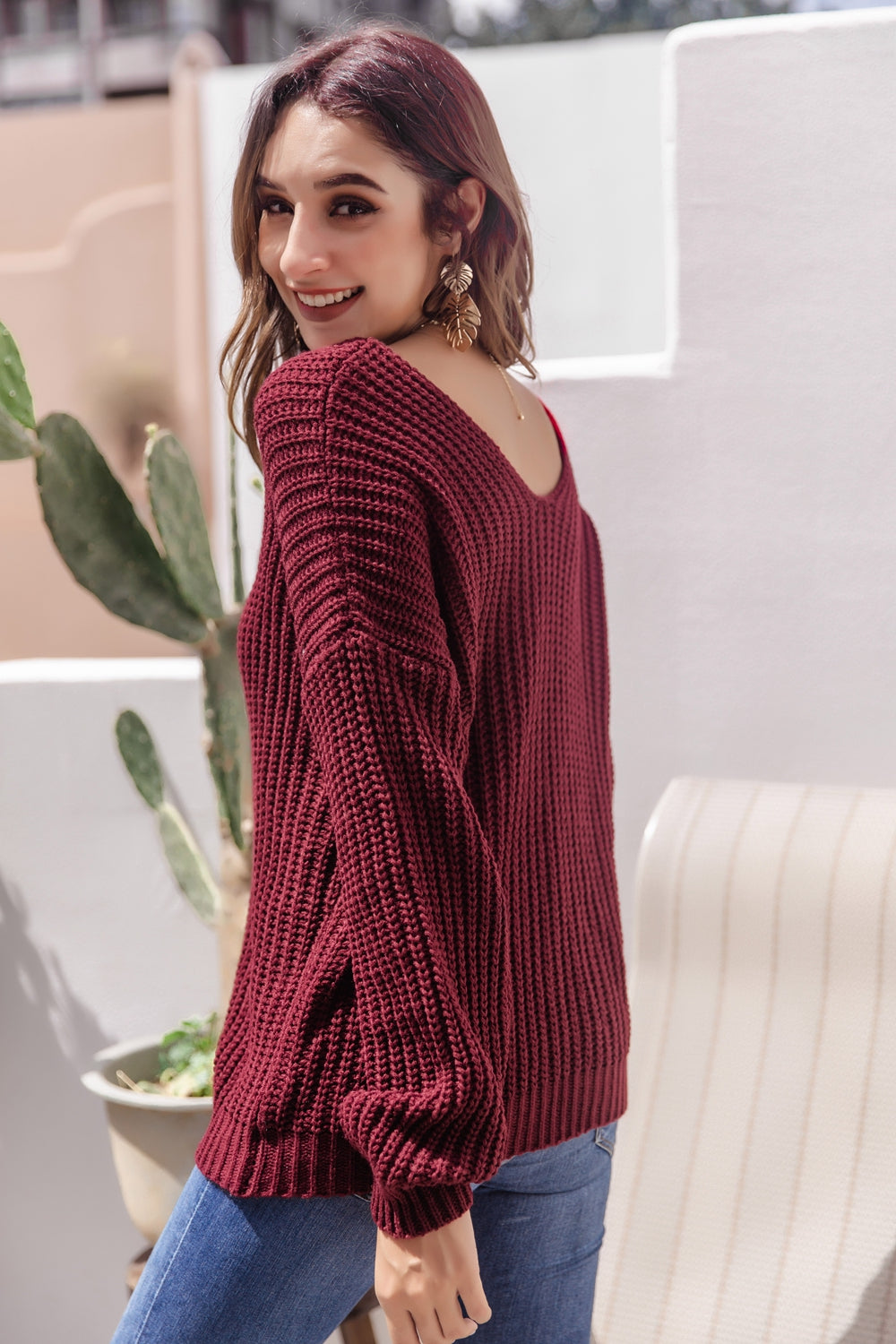 V-Neck Ribbed Knit Sweater