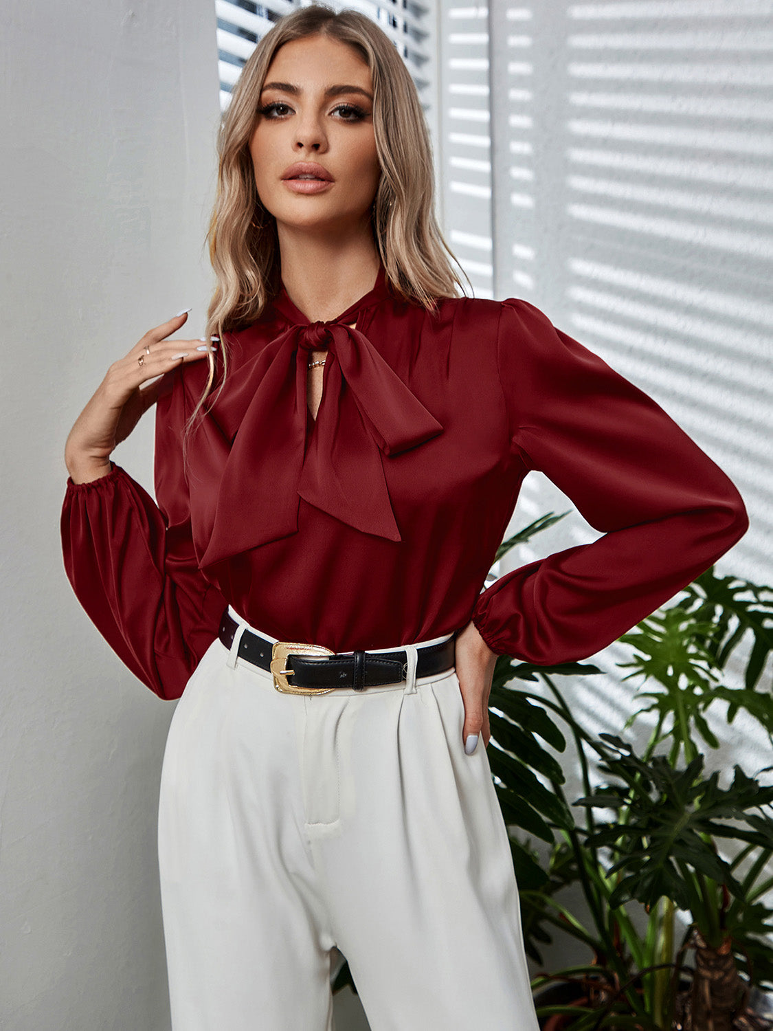 Tie Neck Long Puff Sleeve Blouse