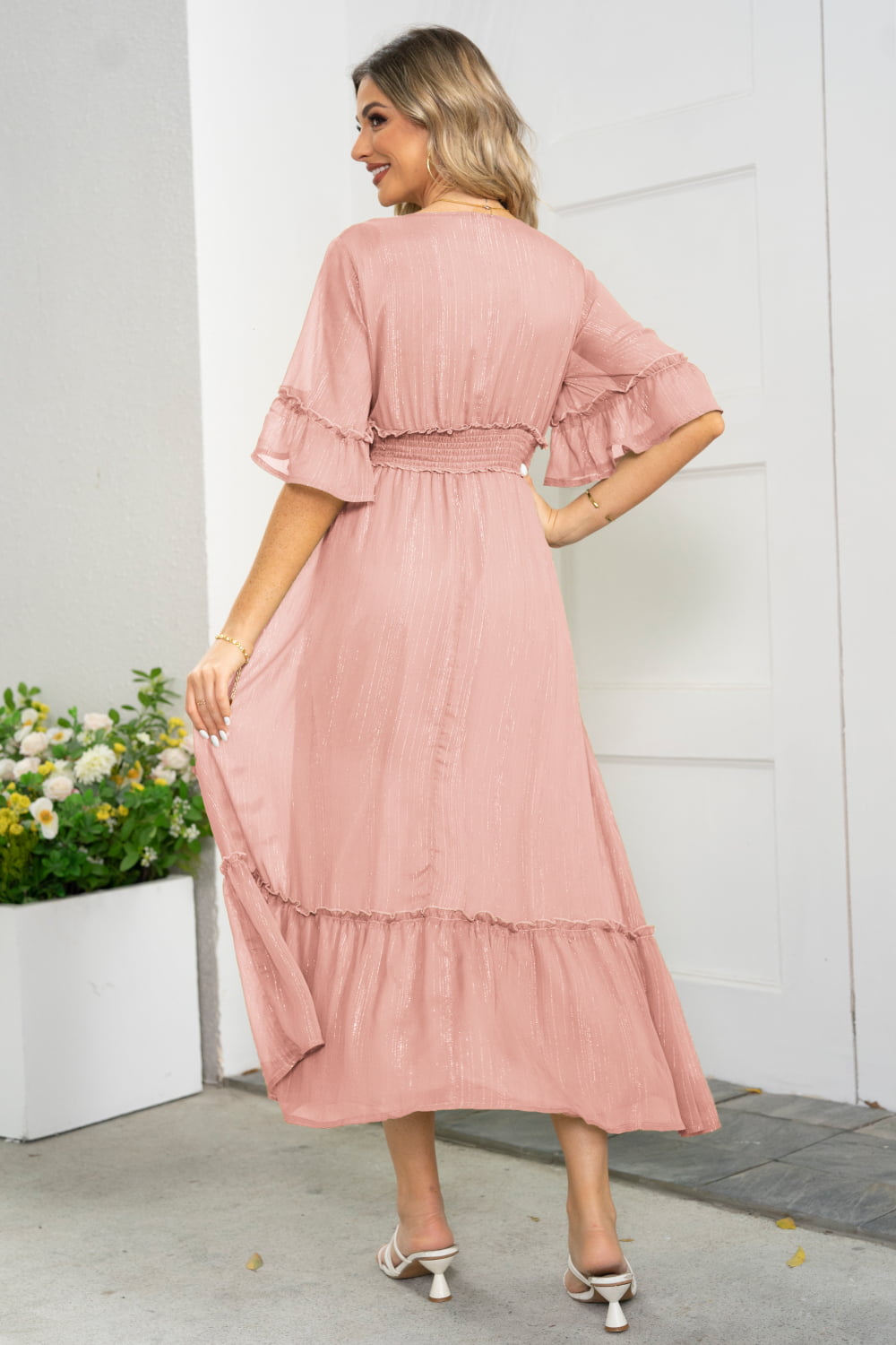 V-Neck Flounce Sleeve Smocked Waist High Slit Dress